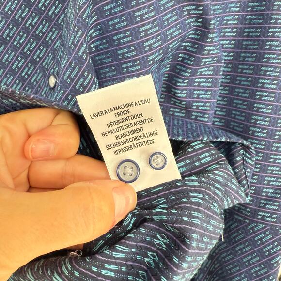 Robert Graham Woven Button Front Long Sleeve Shirt Cubist Navy Blue Geometric M - Picture 6 of 9